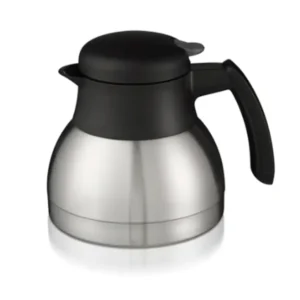 Termisk kaffekaraffel i rustfritt stål med svart lokk og håndtak, isolert på hvit bakgrunn.