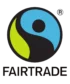 Fairtrade-logo med en stilisert person i blått og svart innenfor en grønn halvsirkel, med "FAIRTRADE" skrevet under med fete svarte bokstaver.