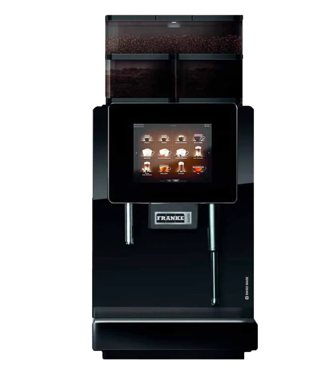 En moderne Franke A600 kaffemaskin med digitalt display som viser ulike kaffealternativer og doble kaffebønnebeholdere på toppen.