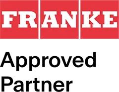 Logo med teksten "FRANKE" i fete hvite bokstaver på rød bakgrunn, ideell for kaffemaskiner for bedrifter.