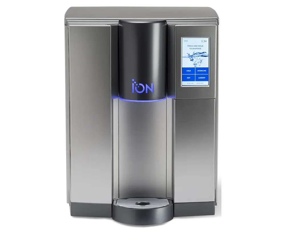 Moderne vanndispenser for bedrifter med digitalt display, blå LED-lys og en elegant metallisk finish.