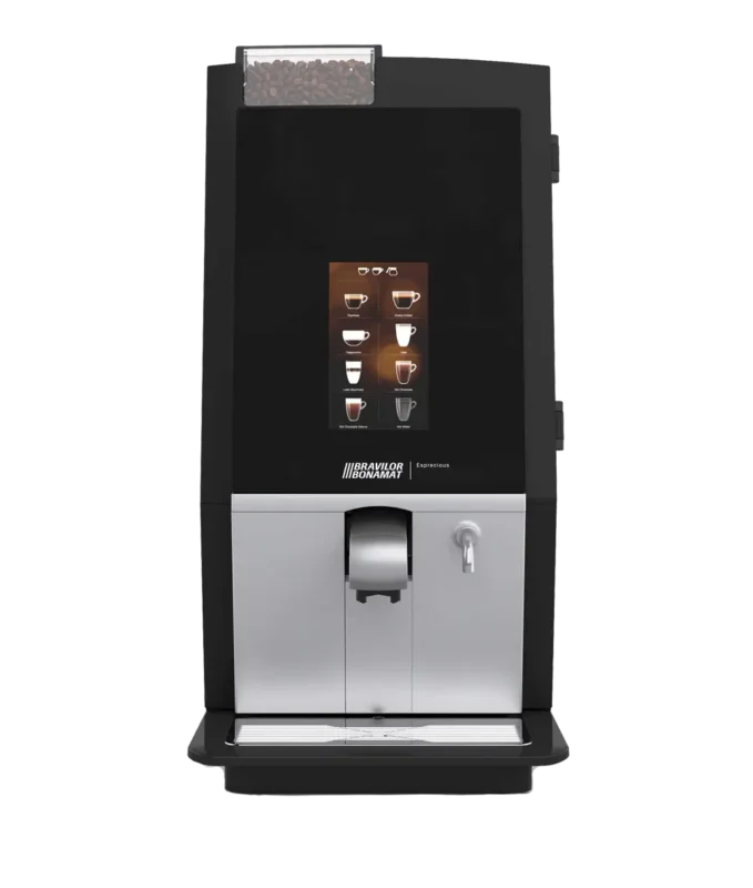 Moderne Bravilor Bonamat Esprecious 22 kaffemaskin med digitalt utvalgspanel, integrert koppdispenser og kaffebønnerom på toppen.