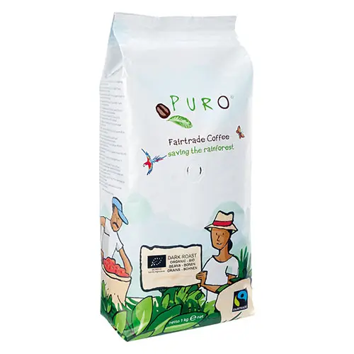 Pose med bærekraftig Puro fairtrade-kaffe, mørkbrent, med illustrasjoner av kaffehøsting og logo som indikerer bevaring av regnskogen.