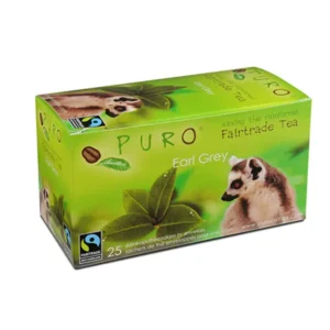 En boks med puro fairtrade earl grey te, med en lemur på emballasjen, med 25 teposer inni. boksen fremhever en miljøårsak.