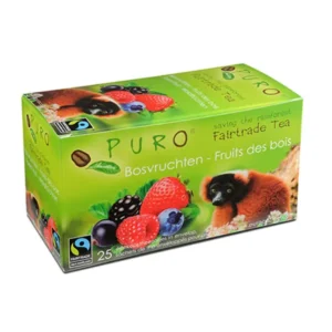 En boks med puro fairtrade fruktte med bilder av bær og en lemur, merket på flere språk.