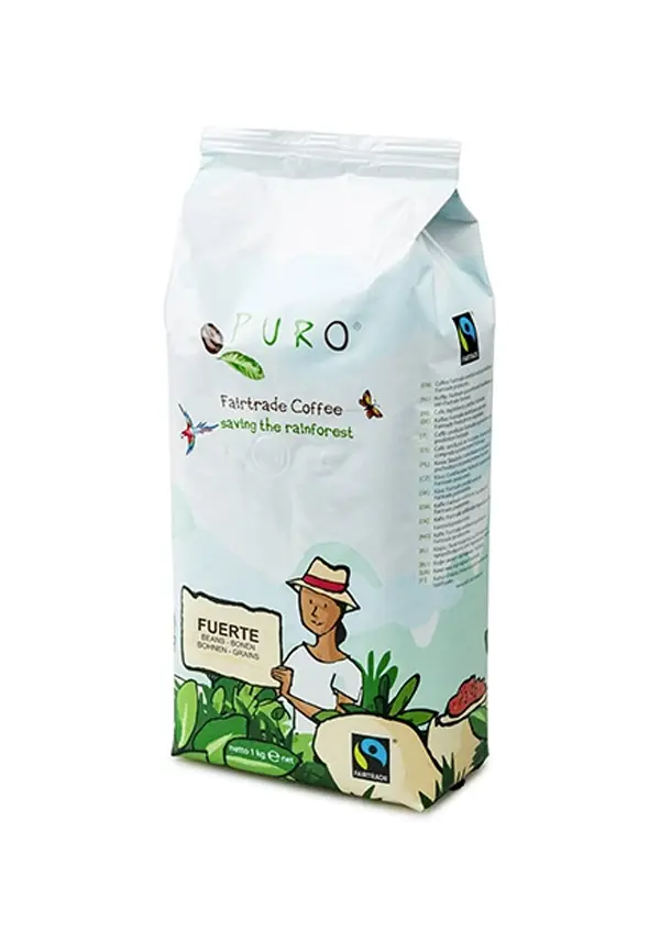 En pose puro fairtrade kaffe med teksten "redde regnskogen", med en tegning av en bonde, planter og en fugl på hvit bakgrunn.