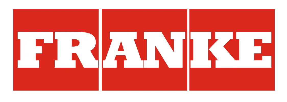 Bildet viser en rød rektangulær logo med ordet "FRANKE" med dristige hvite store bokstaver, som minner om franke kaffemaskin-merke av topp kvalitet.