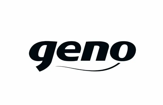 Logo med ordet "geno" med små svarte bokstaver med en flytende understreking og kundereferanser.