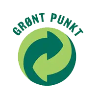 Logo av "gront punkt" med en sirkulær grønn pil på hvit bakgrunn med teksten i grønt som symboliserer miljøansvar.