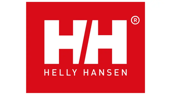 Logoen til Helly Hansen, med bokstavene "hh" i hvitt på rød bakgrunn med et registrert varemerkesymbol i øverste høyre hjørne, ofte brukt i kundereferanser-materialer.