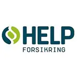 Logo for help forsikring med stilisert grønt og blått emblem med firmanavn i fete, mørkeblå bokstaver og kundereferanser.