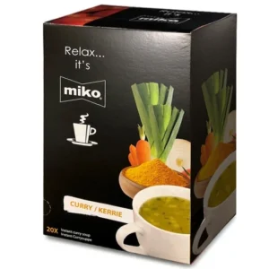 En boks med instant karrisuppe fra merket Miko med et bilde av en suppeskål, karripulver og ferske grønnsaker på emballasjen. Teksten på boksen lyder "Slapp av... det er Miko. CURRY/KERRIE." Inneholder 20 porsjoner.