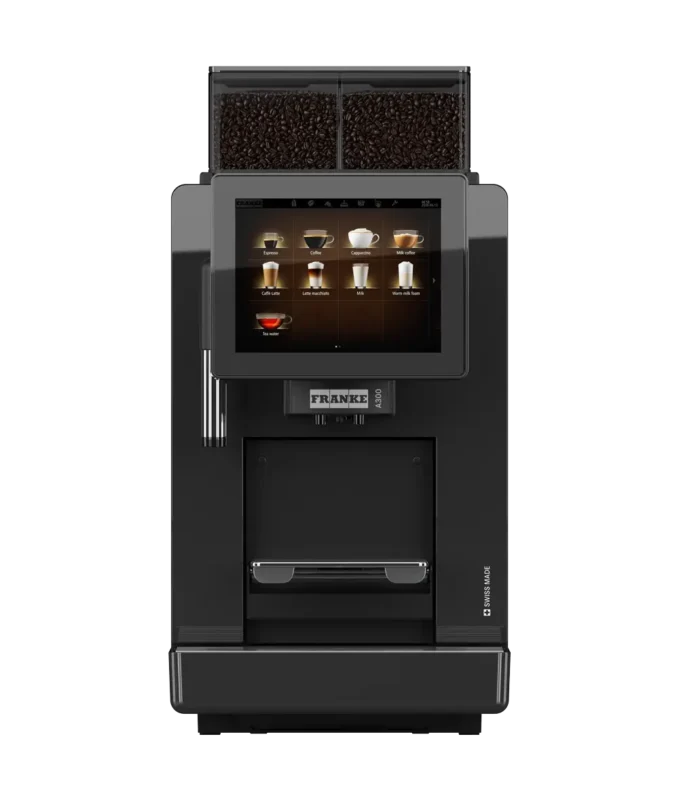 En moderne franke kaffemaskin med doble bønnebeholdere og en interaktiv skjerm.