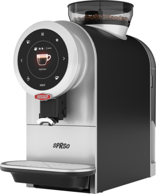 En svart og sølv "Sprso" kaffemaskin på hvit bakgrunn. Det digitale grensesnittet viser et kaffekoppikon og etiketten "espresso", med en "start"-knapp under. Denne elegante kaffemaskinen er perfekt for å brygge morgenespressoen din uten problemer.