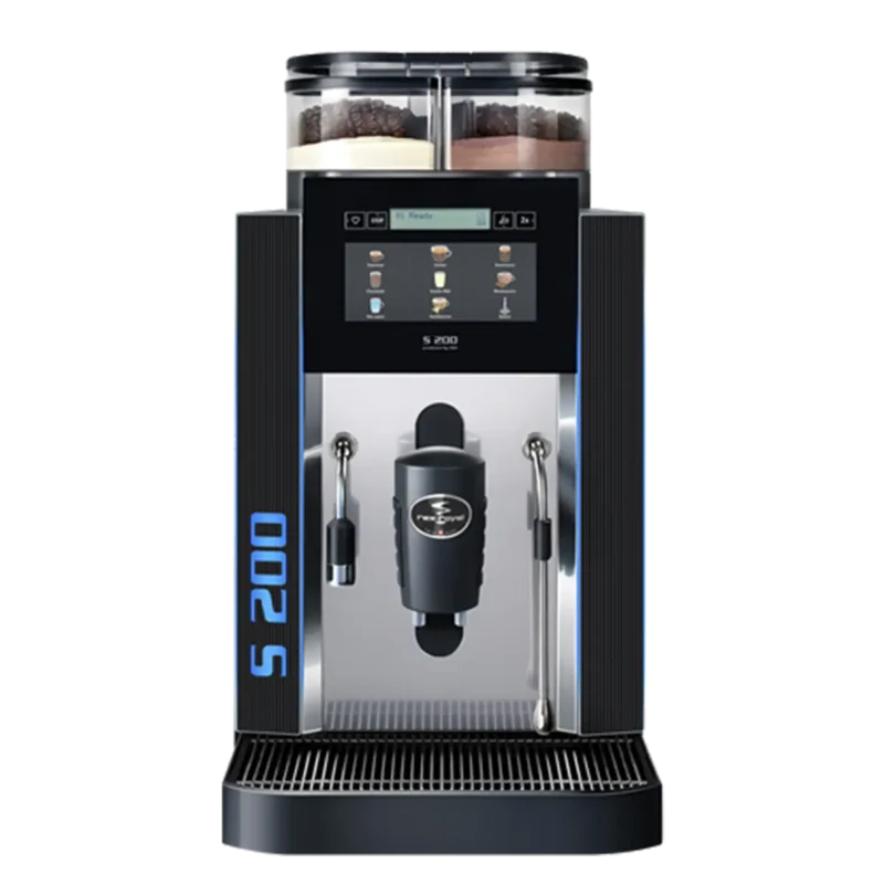 Rex-Royal S200 kaffemaskin med doble bønnebeholdere og digitalt display, isolert på en gjennomsiktig bakgrunn.