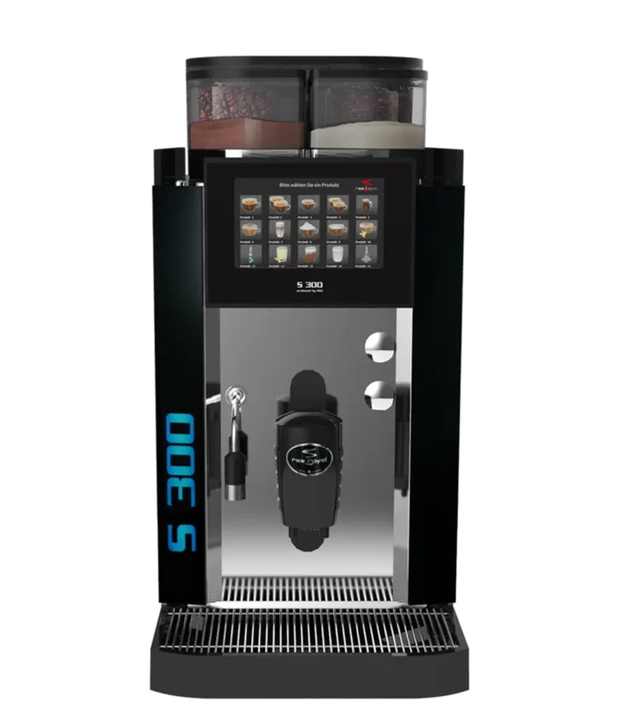 En moderne Rex-Royal S300 kaffemaskin med transparente bønnerom på toppen, digitalt display og melkeskummerfeste på siden.