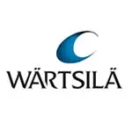 Logo for Wärtsilä Corporation med en blå halvmåneform over firmanavnet i fet, svart skrift og uthevet kundereferanser.