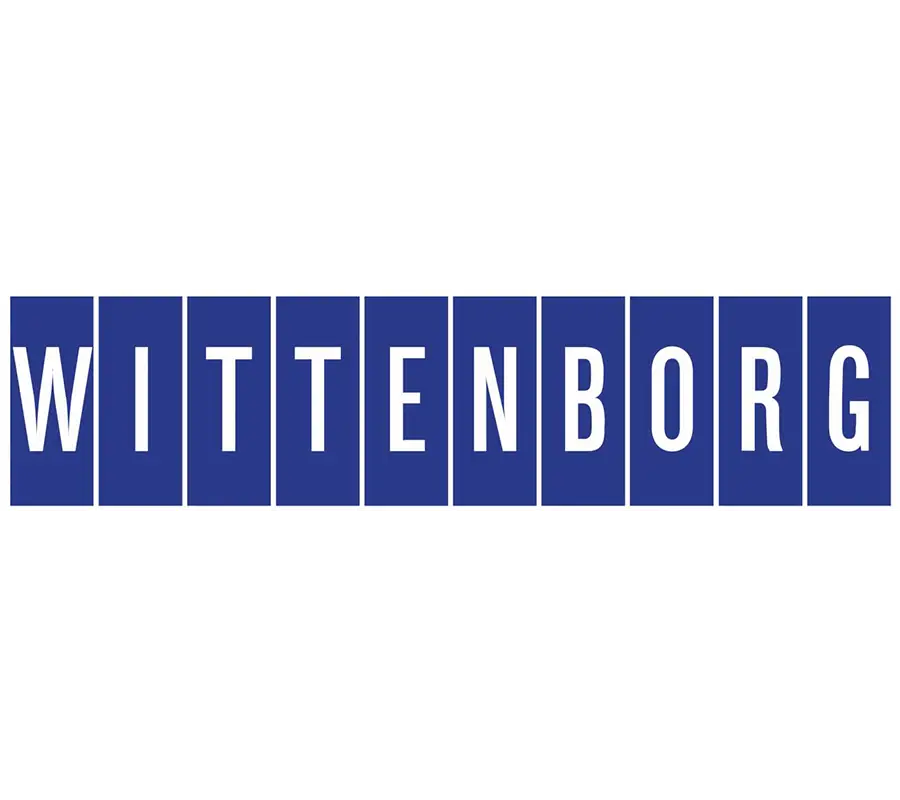 Blå rektangulære fliser med hvite bokstaver som staver "Wittenborg kaffemaskiner" på hvit bakgrunn.